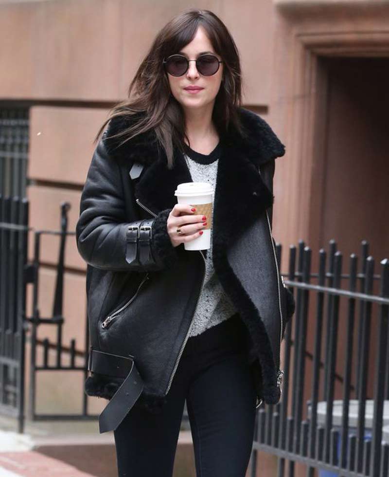 Dakota Johnson Black Leather Shearling Jacket